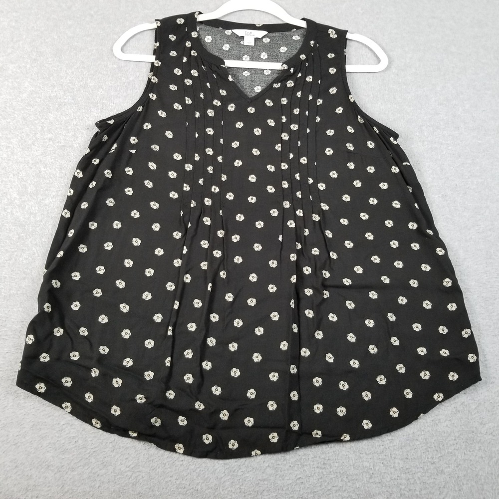 Croft & Barrow Tank Top Women Small Black White Floral Pleated Sleeveless Spring